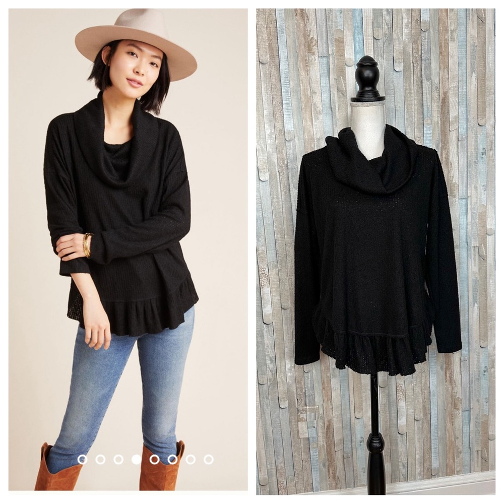 Anthropologie XS Maeve Black Addie Ruffled Hacci Pullover Sweater Top‎ Cowl Neck